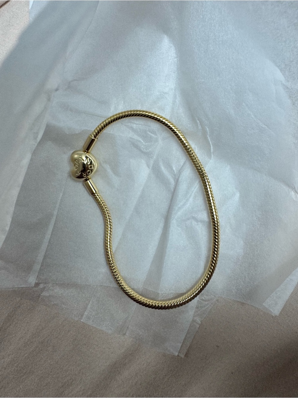 Pandora Gold Snake Chain Bracelet with Heart Clasp